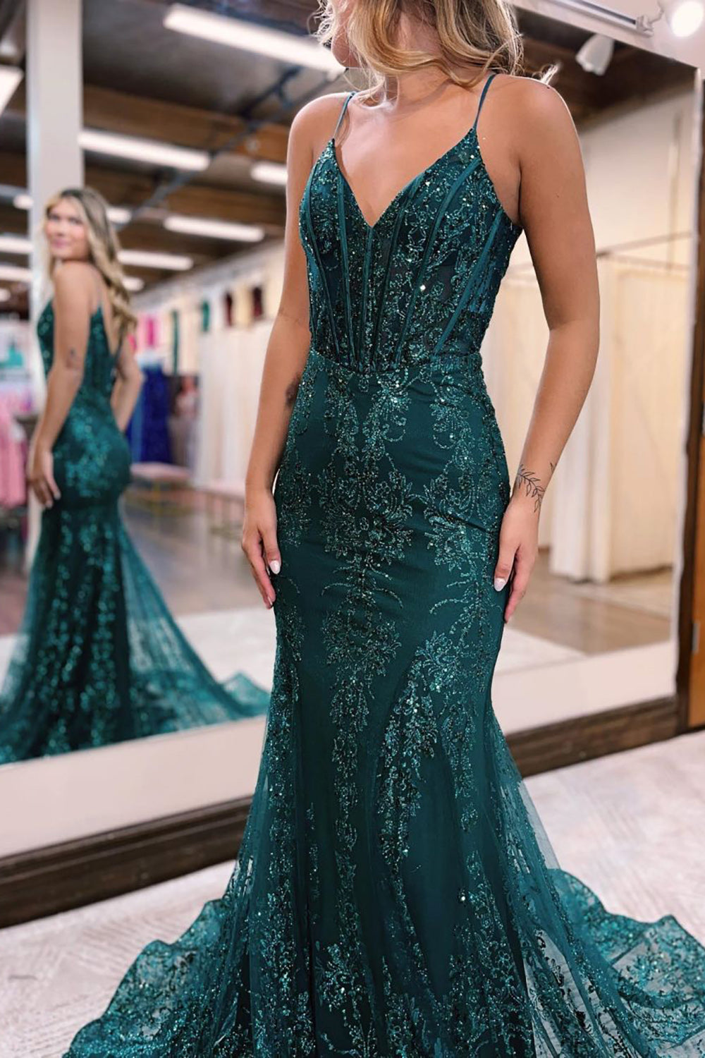 Vestido largo de fiesta de sirena verde brillante con lentejuelas