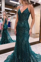 Vestido largo de fiesta de sirena verde brillante con lentejuelas