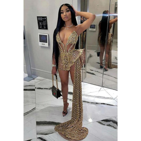 Robe de bal longue et sexy à col en V et perles épaisses pour filles noires 