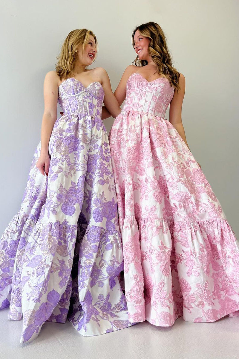 Vestidos largos de fiesta con escote corazón y corte en A y estampado floral