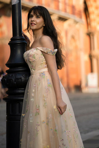 Princess A Line Sweetheart Champagne Long Prom Dress with Embroidery