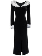 TARUXY Splice Lace Vintage Dresses Women's Black Temperament Slim Dress Lady Side Slit Party Elegant Retro Evening Dress Women