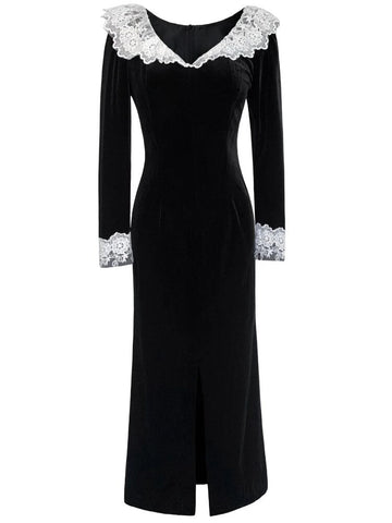 TARUXY Splice Lace Vintage Dresses Women's Black Temperament Slim Dress Lady Side Slit Party Elegant Retro Evening Dress Women