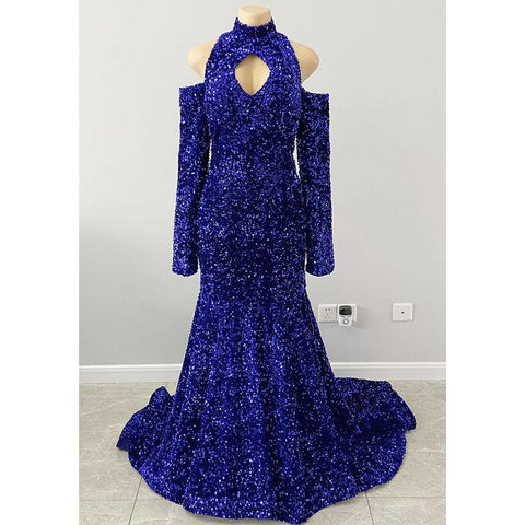 Vestido de fiesta negro único con escote alto, mangas largas y lentejuelas brillantes para Slay 