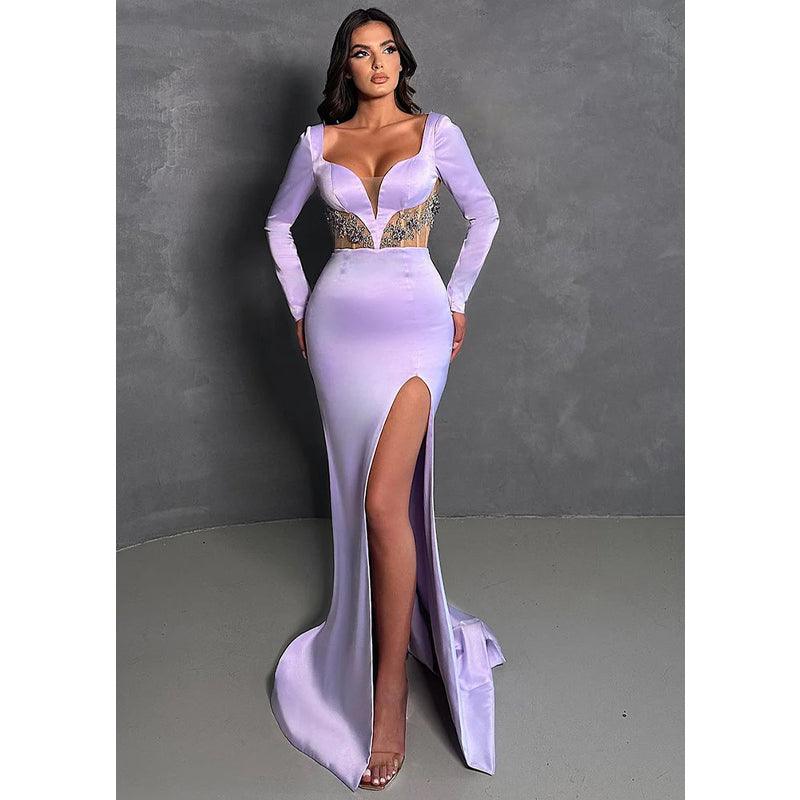 Vestidos de noche formales de sirena con mangas largas y escote en V profundo y cuentas sexys 