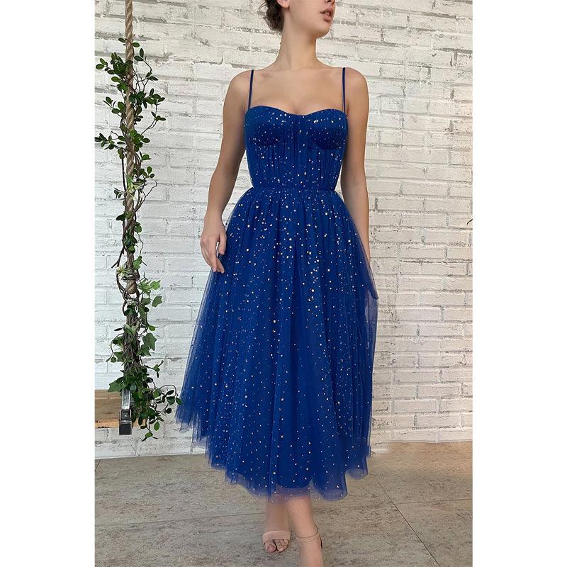 Robe de bal scintillante en tulle étoilé à bretelles spaghetti et poches 