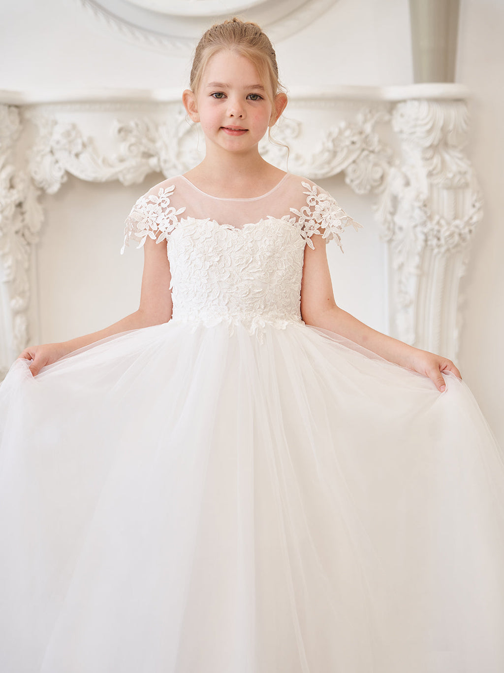 Vestido de niña de las flores para la Primera Comunión, color marfil, con cola desmontable estilo princesa. 