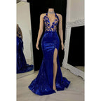 Robe de bal fourreau/colonne à col en V et appliques pailletées, dos nu, sans manches