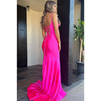 Robe de bal longue rose en satin à bretelles en cœur et fourreau 