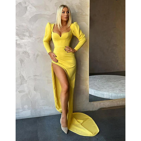 Robe de soirée longue sexy à col en V et manches longues avec fente 