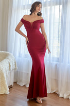Robe de bal sirène bordeaux à épaules dénudées
