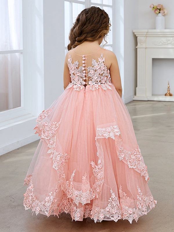 Vestido de princesa sin mangas de tul con apliques de encaje y cola corta para niñas 