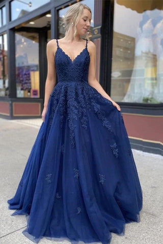 Robe de bal longue bleue à appliques