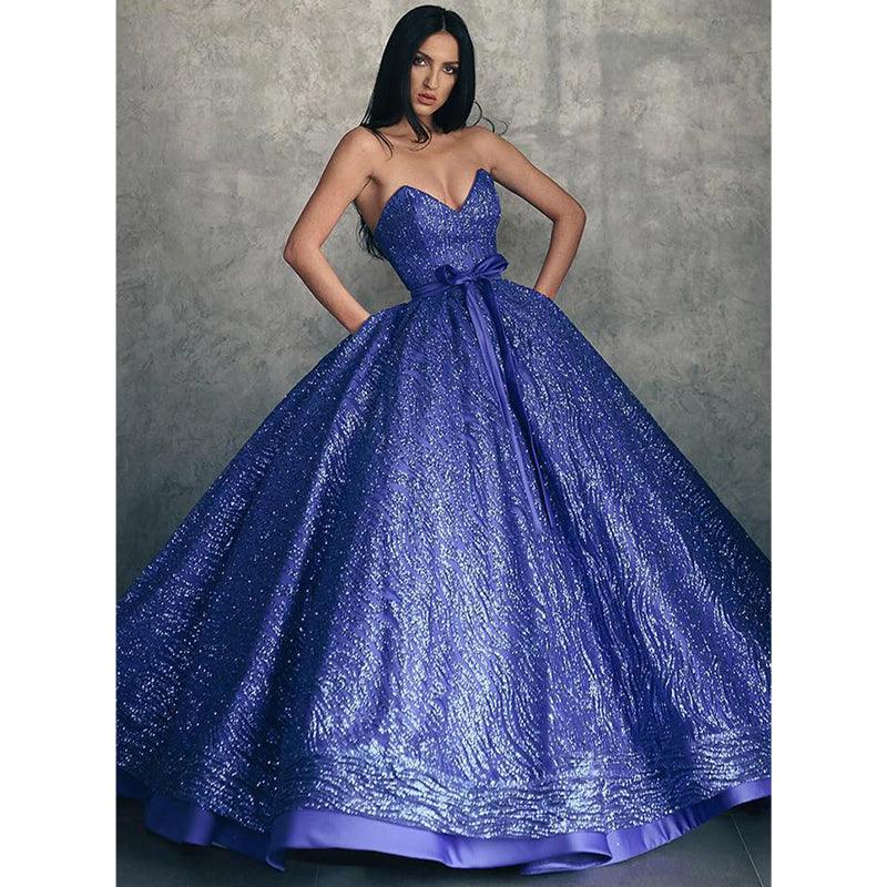 Vestido de fiesta largo azul real con escote en V y bolsillos 