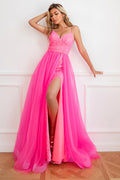 Robe de bal fuchsia deux pièces à fines bretelles et fente sur le devant