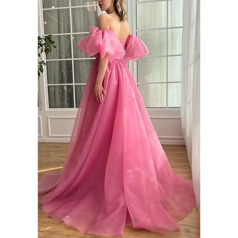 Robe de soirée trapèze en tulle à col en V et manches bouffantes avec fente latérale 