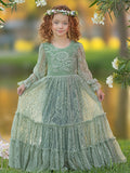 Vestido bohemio de niña de las flores verde salvia con encaje hasta el tobillo 