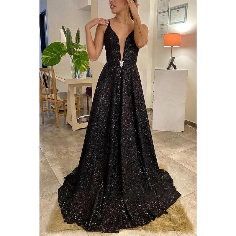 Plunging V-neck Black Sparkly Prom Dress with Pockets