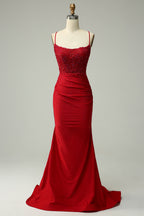 Mermaid Spaghetti Straps Dark Green Long Prom Dress with Appliques