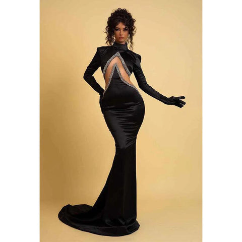 Robe de soirée sirène élégante à manches longues et col haut avec perles 