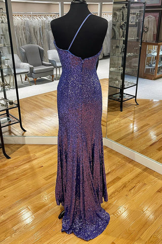 Vestido de fiesta de sirena con lentejuelas, un solo hombro y abertura