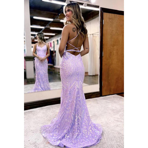 Robe de soirée violette scintillante à bretelles croisées et col en V, à paillettes