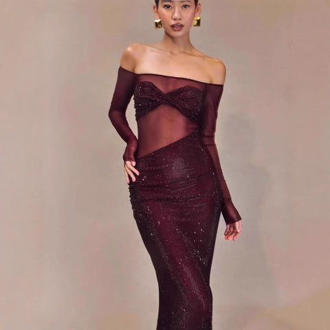 Elegante vestido de graduación ajustado con un solo hombro y pedrería 