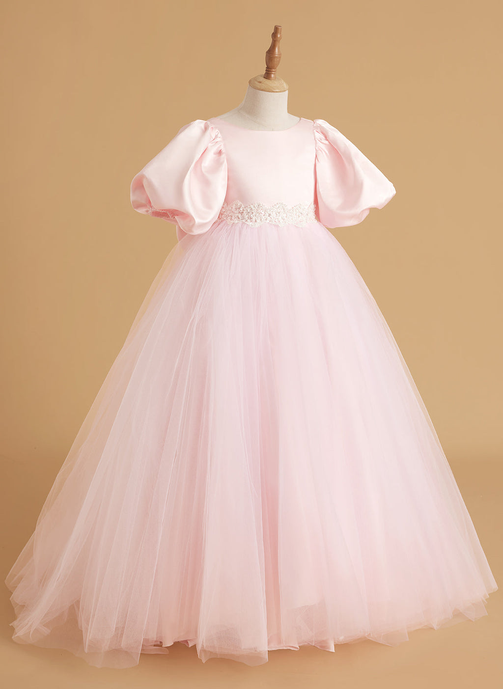 Vestido de niña de las flores de corte A, satén y tul, de manga corta 