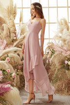 Robe de demoiselle d'honneur en mousseline rose poudré asymétrique