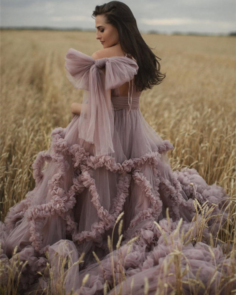 Bata premamá rosa empolvado para sesión de fotos o baby shower. Vestido elegante de tul con volantes para mujer. Bata de noche para fotografía.