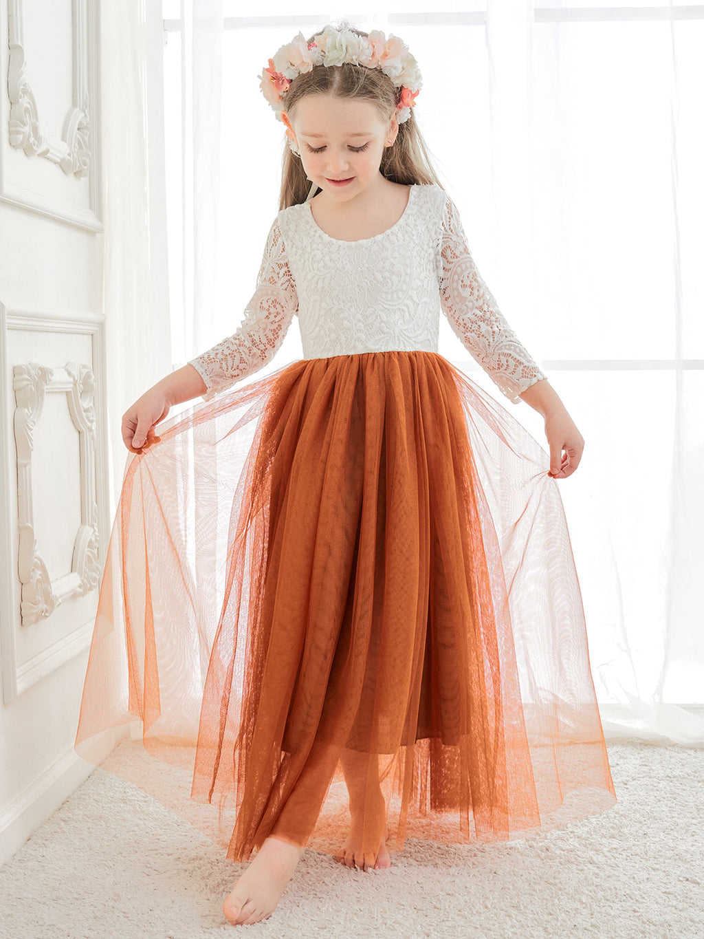Vestido de niña de las flores de tul, manga larga, corte línea A, encaje blanco angelical 