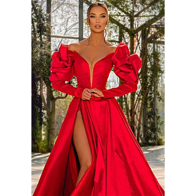 Plunging V-neck Sexy High Split Long Sleeves Red Formal Evening Dress