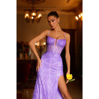 Vestido largo formal de fiesta con abertura, escote en V, apliques de encaje y corte tubo/columna