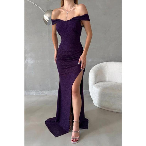 Robe de bal longue fendue sur le côté, fourreau/colonne, paillettes, épaules dénudées 