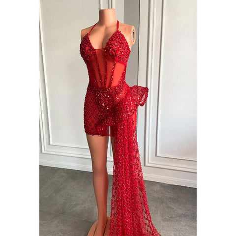 Robe de bal longue et sexy à col en V et perles épaisses pour filles noires 