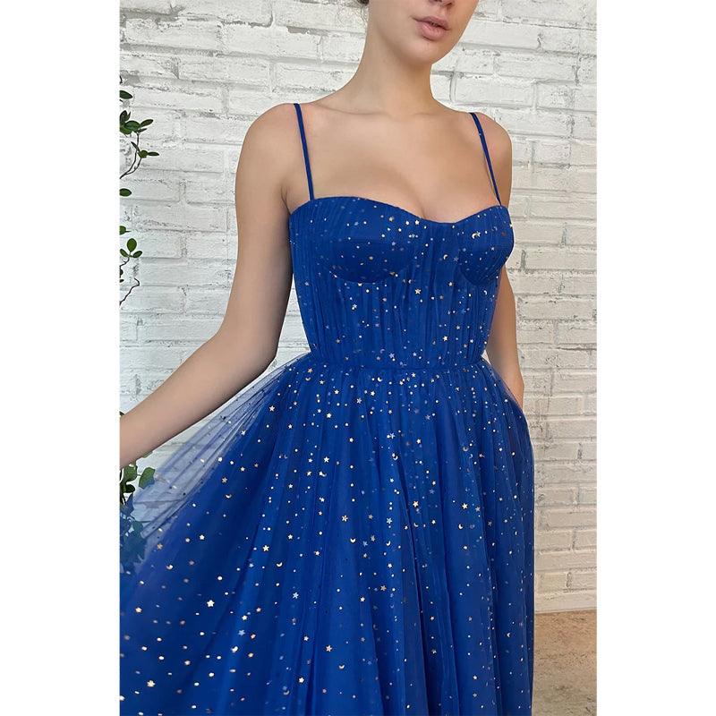 Robe de bal scintillante en tulle étoilé à bretelles spaghetti et poches 