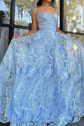 Beautiful A Line Spaghetti Straps Blue Long Prom Dress with Lace