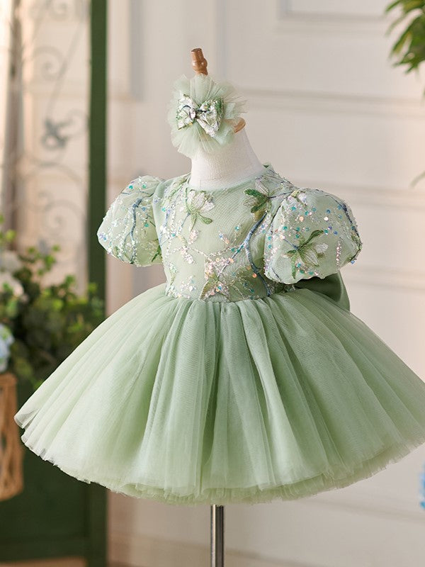 Vestido verde de tul con lentejuelas hasta la rodilla para fiesta del primer cumpleaños de niña 