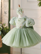 Vestido verde de tul con lentejuelas hasta la rodilla para fiesta del primer cumpleaños de niña 