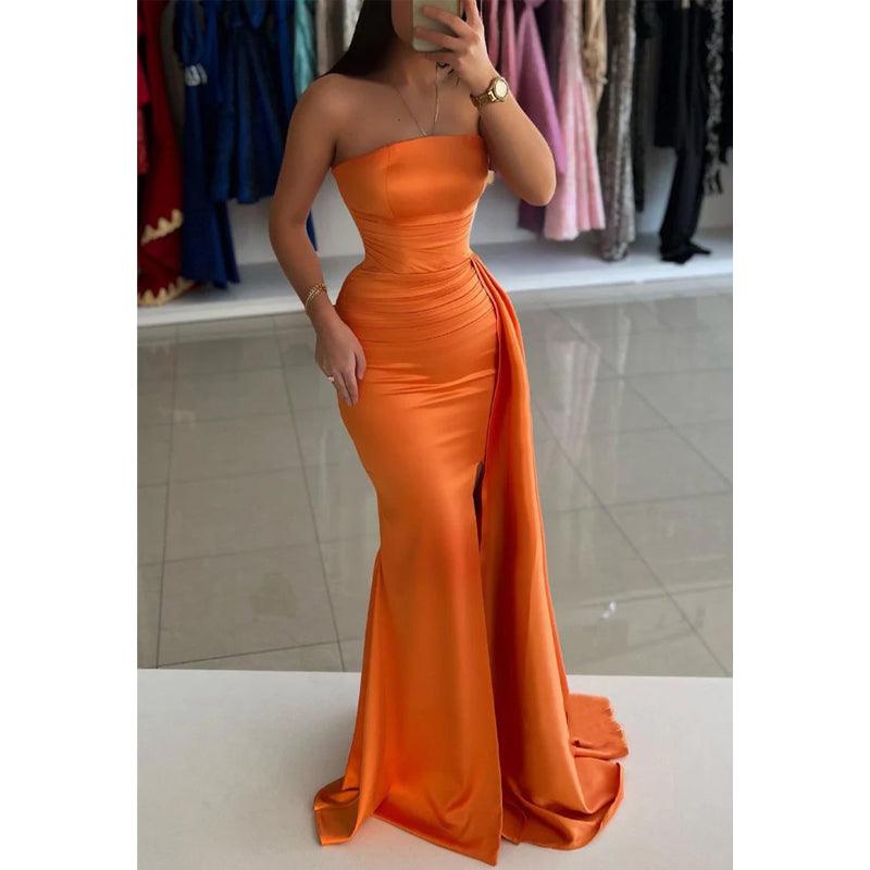 Vestido de noche ajustado, sin tirantes, sin mangas, fruncido y con cola para fiesta de graduación 