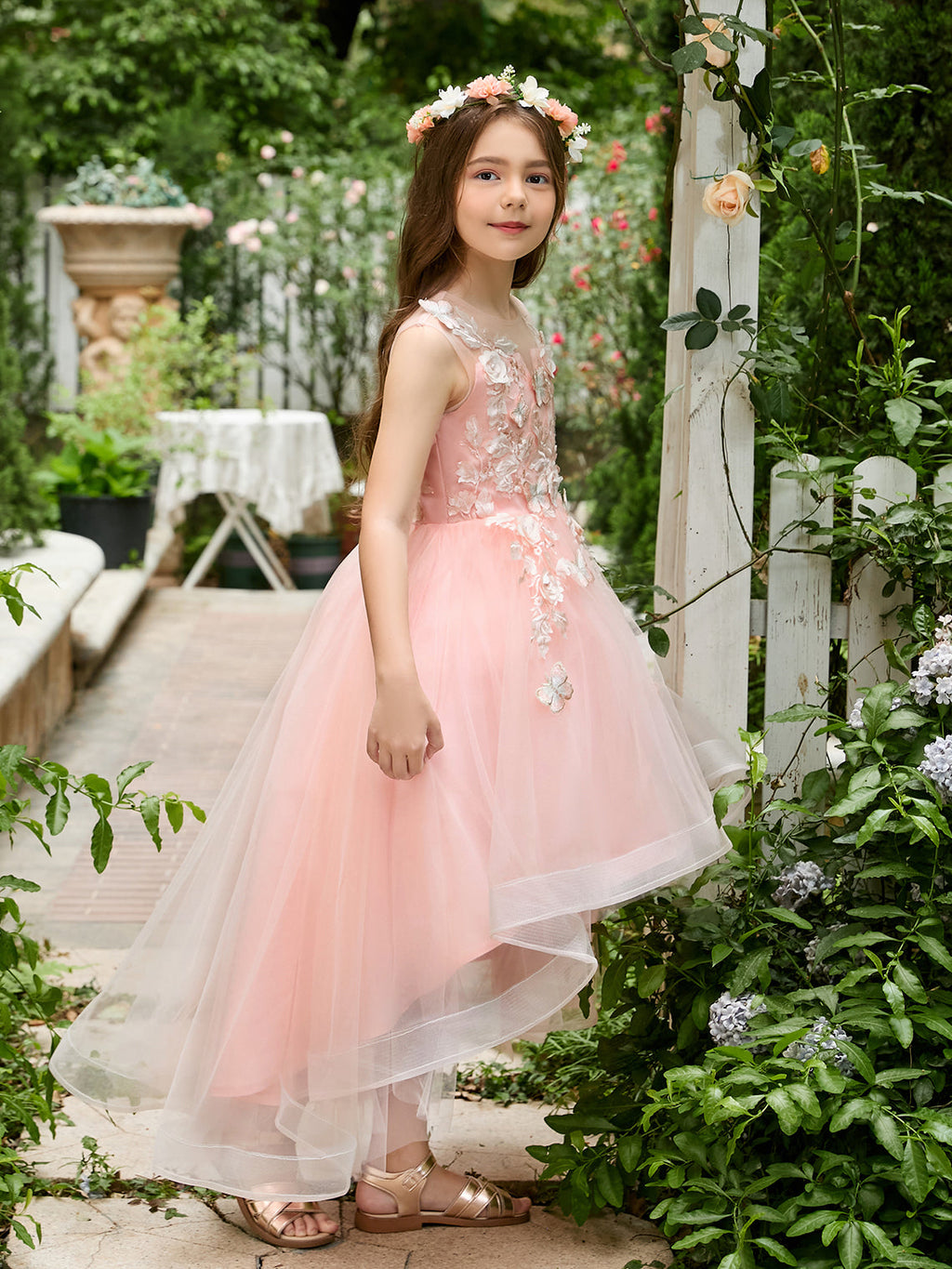 Vestido de princesa asimétrico de tul rosa para niña de las flores 