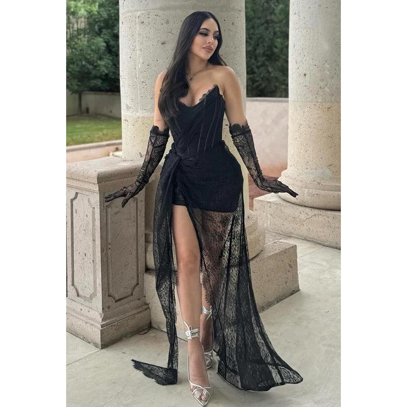 Robe de soirée sexy et tendance en dentelle brodée avec des appliques, col en V, sans manches