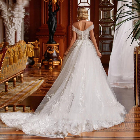 V-neck Sexy Romantic Wedding Dress 2023 A-line Floor-length Charming Off The Shoulder Beaded Appliques Bridal