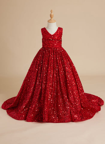 Deslumbrante vestido de princesa rojo con lentejuelas, escote en V y cola para niñas 