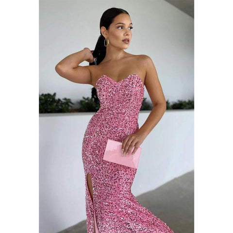 Robe de bal longue sexy à paillettes roses et col en V avec fente 