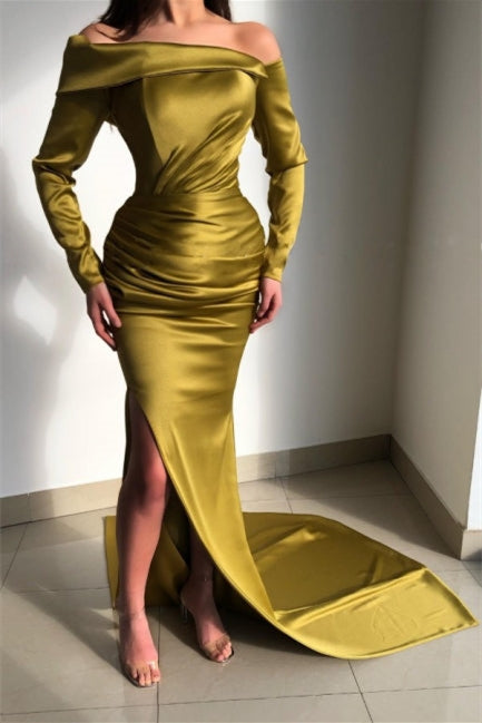 Ravissante robe de bal vert sauge à manches fendues fluides