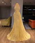Vestido de noche amarillo brillante de lentejuelas sin mangas con cuello alto, estilo sirena, para fiesta de graduación Y7712