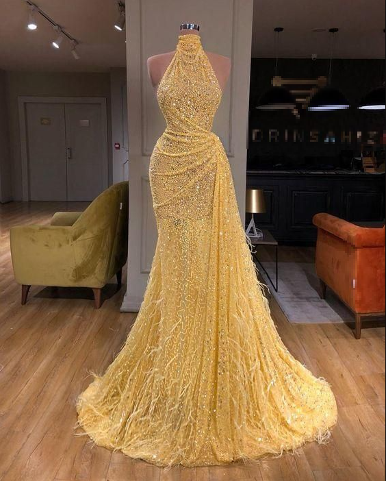 Vestido de noche amarillo brillante de lentejuelas sin mangas con cuello alto, estilo sirena, para fiesta de graduación Y7712