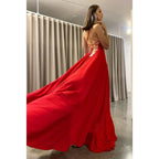 Robe de bal trapèze à bretelles spaghetti et appliques en dentelle pour femme avec fente 