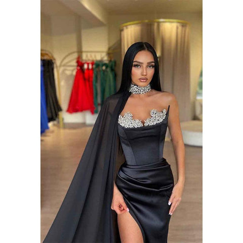 Vestido de fiesta formal elegante negro con abertura y cuentas de corte tubo/columna
